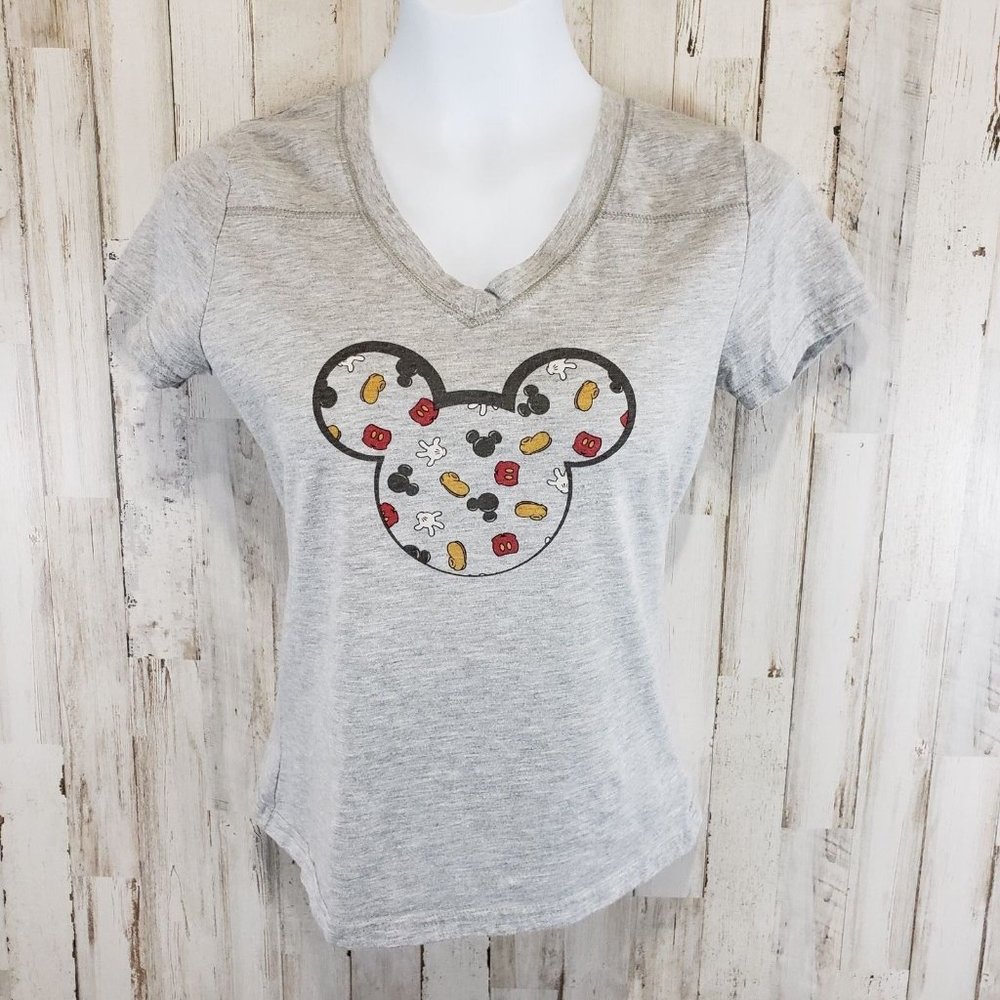 5/$25 Disney Parks Womens Tee S Gray Mickey Head  Pieces Inside V-Neck AJ9